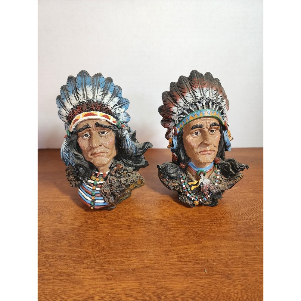 2 Resin Native American Warrior Small Bust‎ Blue & Red Feathered Headdress